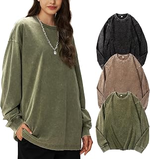 Yimoon オーバーサイズ Tシャツ 女性用 コットン 長袖 シャツ アシッド ウォッシュ バギー Tシャツ ヴィンテージ Tシャツ ストリートウェア