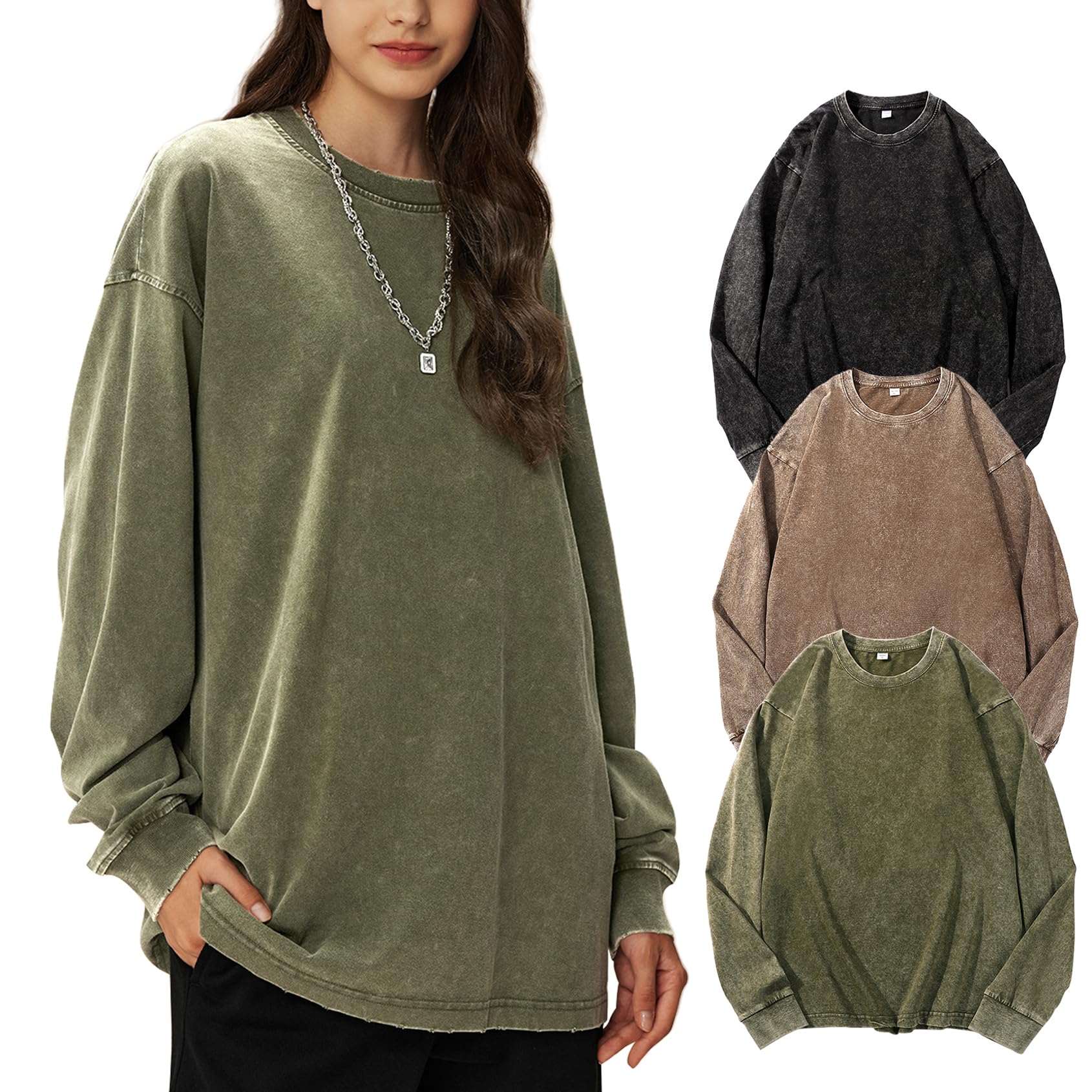 Yimoon オーバーサイズ Tシャツ 女性用 コットン 長袖 シャツ アシッド ウォッシュ バギー Tシャツ ヴィンテージ Tシャツ ストリートウェア