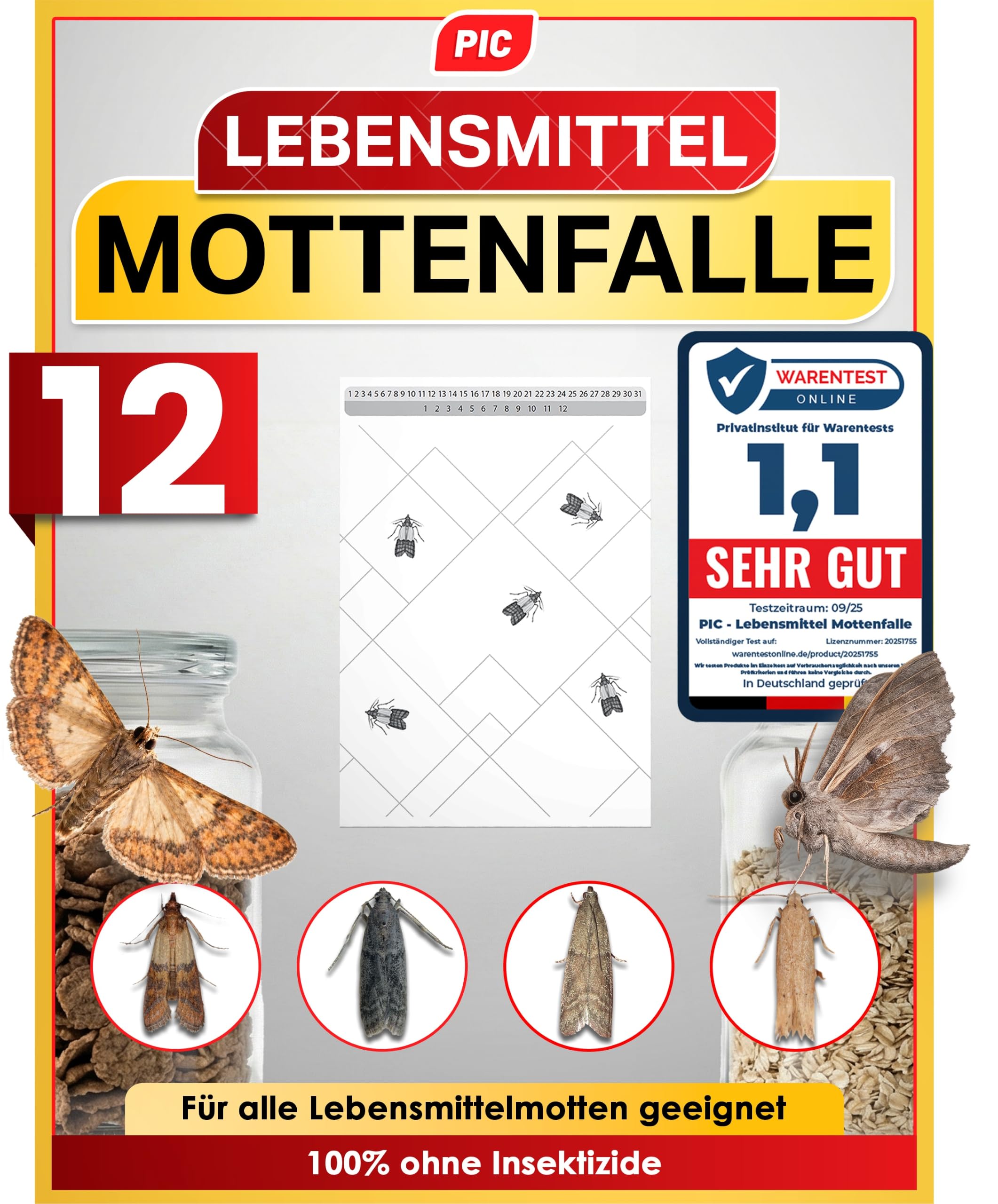 PIC Food Moth Trap, Pack of 12 Strong Pheromone Traps Against Moths | Odourless 