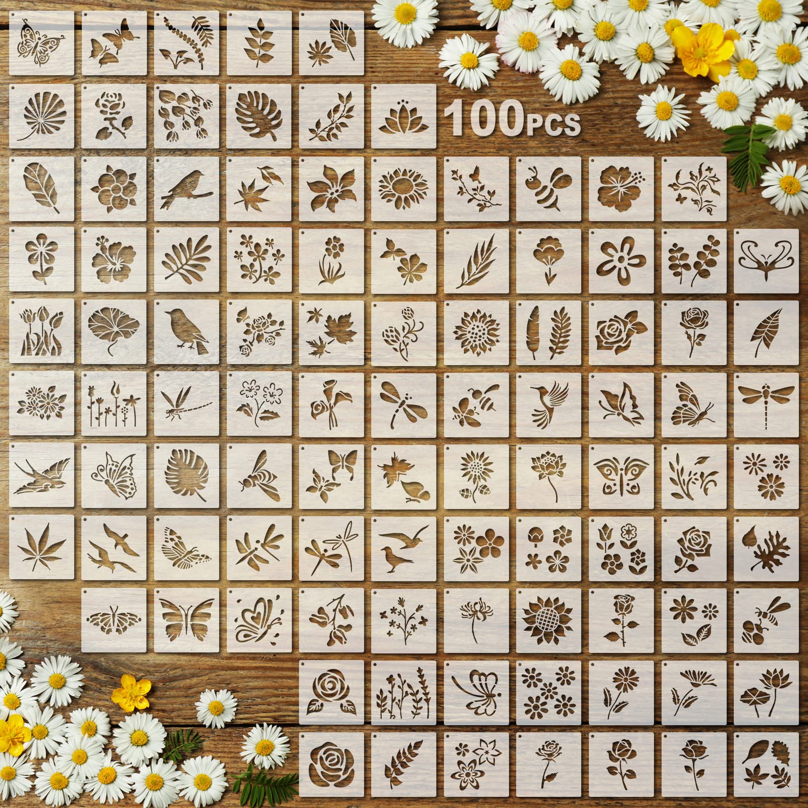 Fainne 100 Pcs 2 Inch Small Stencils for Painting, Flower, Plants | Reusable Cra