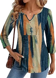 Zeagoo Maglietta da donna con maniche a 3/4, scollo a V, elegante, casual, plissettata, da lavoro, camicette di base, S-3XL