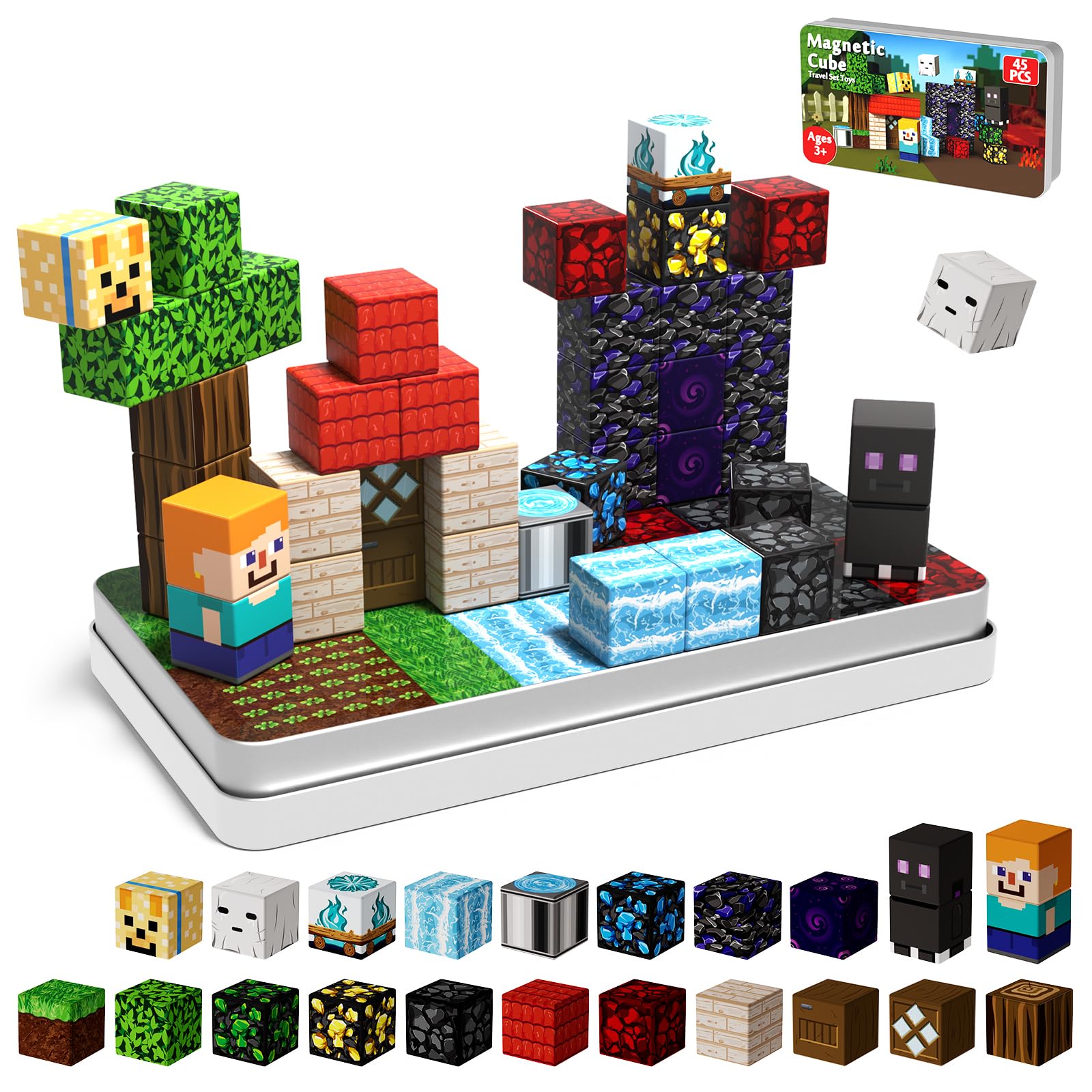 GraceDuck Portable Travel Magnetic Building Blocks 45 Pieces with Iron Box, Cute