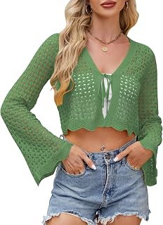Women Cropped Cardigan with Knot Front Crochet Bolero Shrug Sweater Bell Sleeve