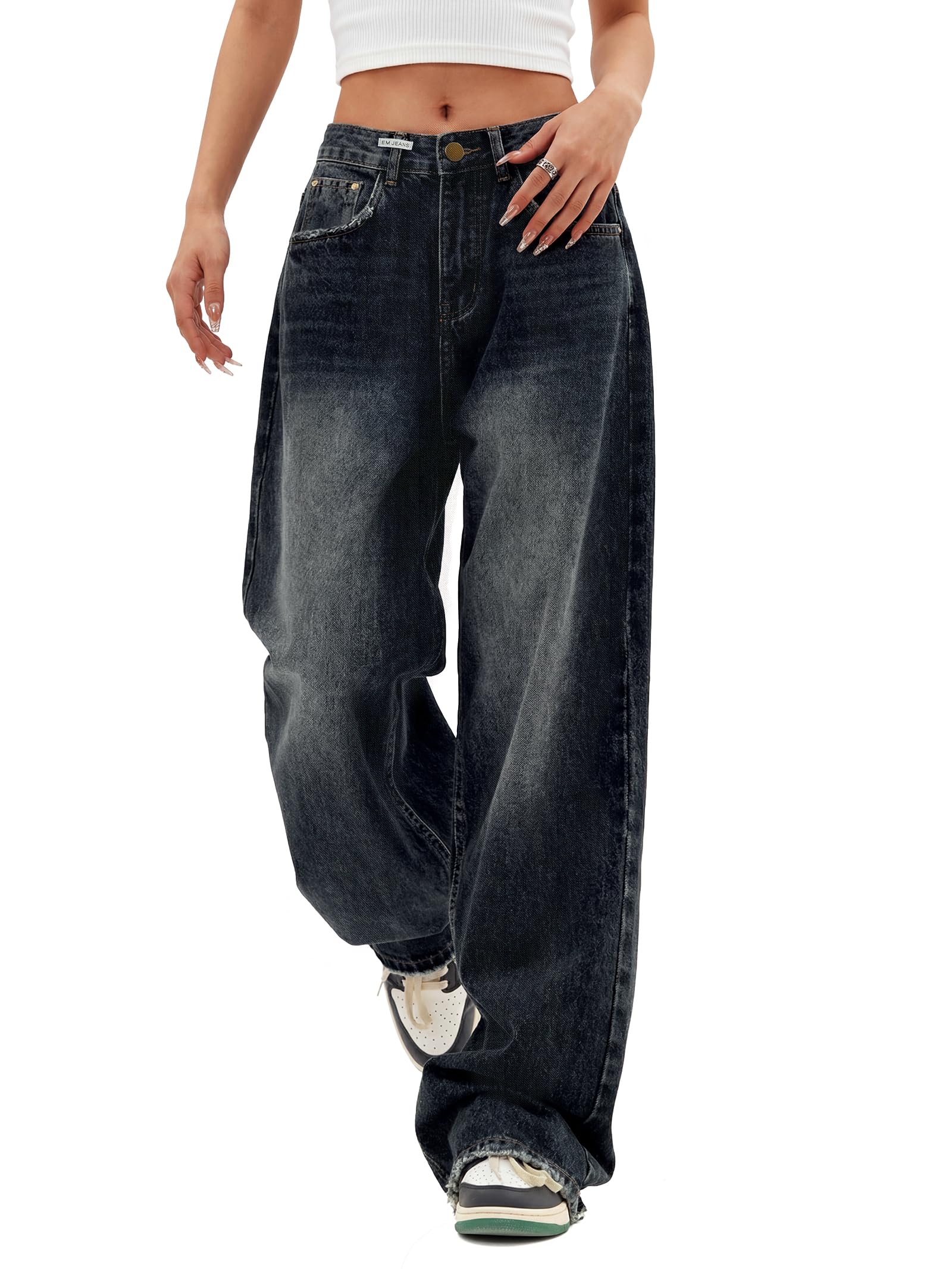 EMMIOL baggy jeans woman mid low waist streetwear straight jeans wide leg casual