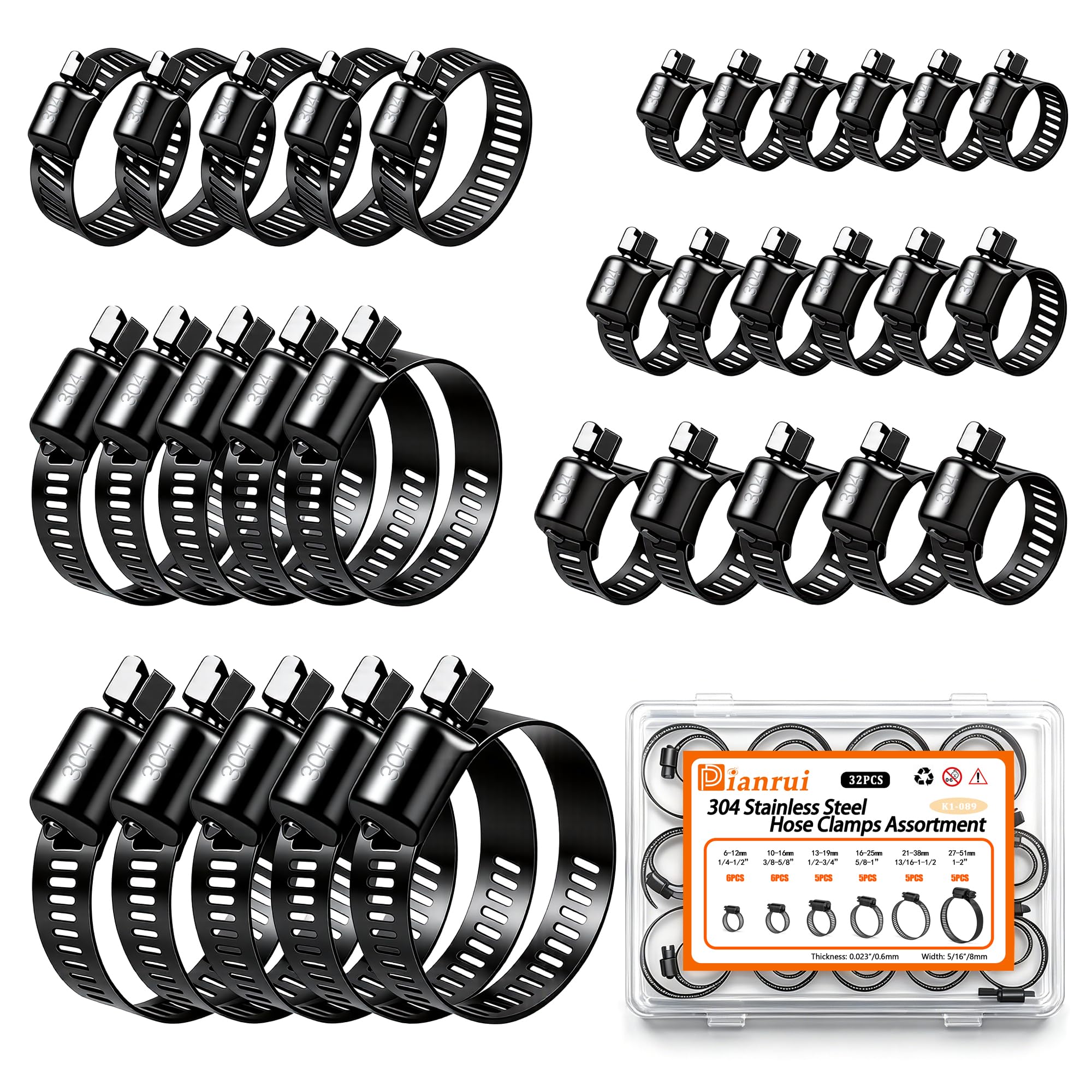 Dianrui 32 PCS Black Hose Clamps Assortment Kit 1/4"–2" (6-51mm) Hose 