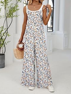 Womens Floral Print Jumpsuit - Casual Sleeveless Spaghetti Strap Wide Leg One Piece Romper with Pockets Loose Beach Outfit