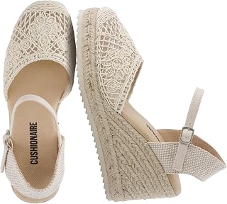 CUSHIONAIRE Flora Platform Espadrilles, Dressy Wedge Closed Toe Sandals with Ankle Strap and Cushioned Footbed, Natural, 7.5