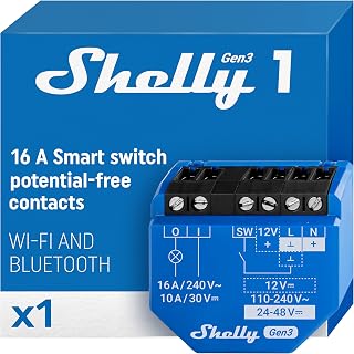 Shelly 1 Gen3 - Wi-Fi & Matter Smart Switch Relay, 1 Channel, 16А, Clean Contact, Remote Control and Automation, Garage Door, No Hub Required, Alexa, Google Home, HomeKit