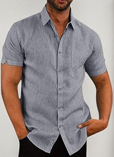 Mens Short Sleeve Shirts Linen Cotton Button Down Tees Spread Collar Plain Shirts