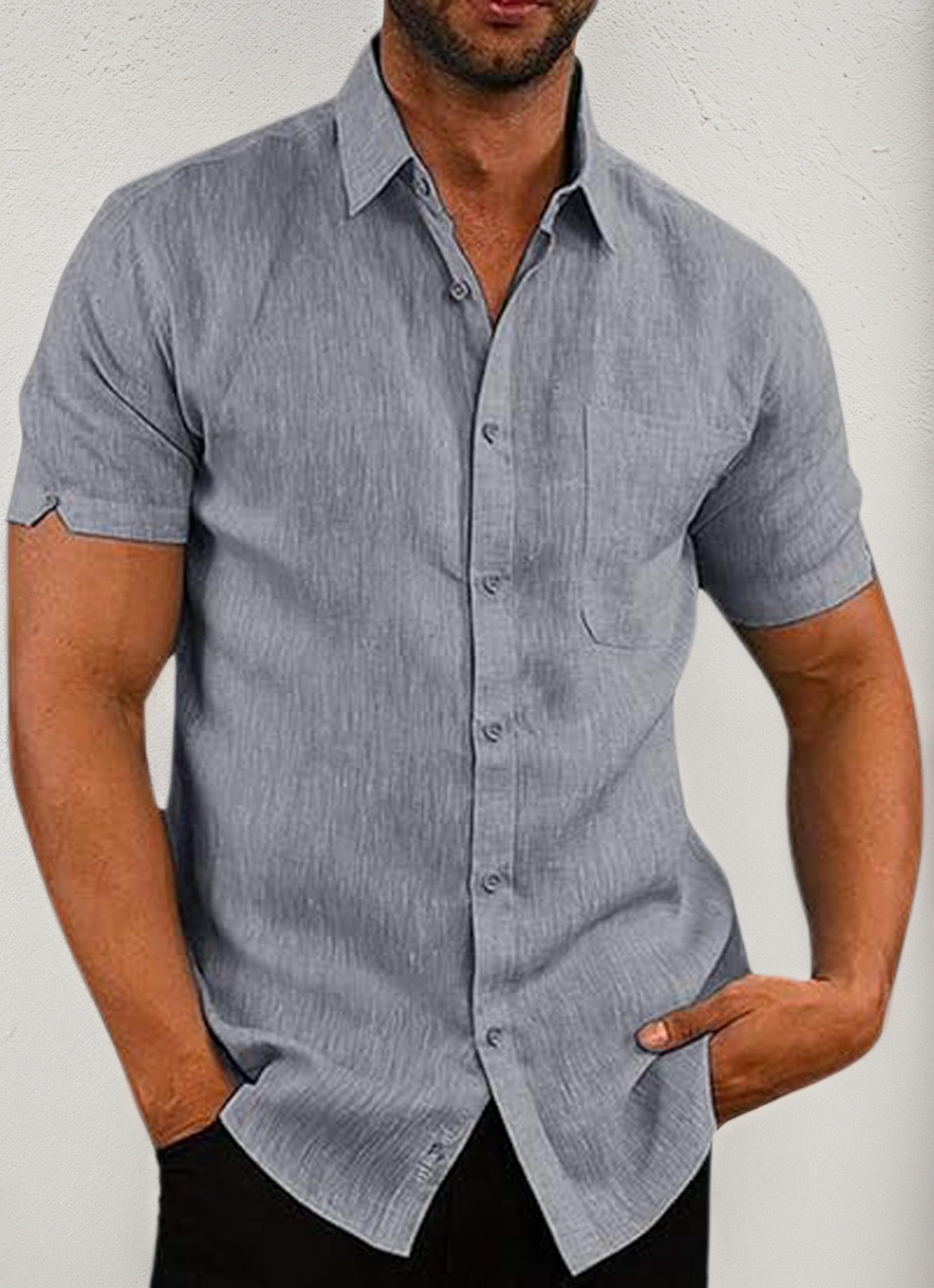Mens Short Sleeve Shirts Linen Cotton Button Down Tees Spread Collar Plain Shirt