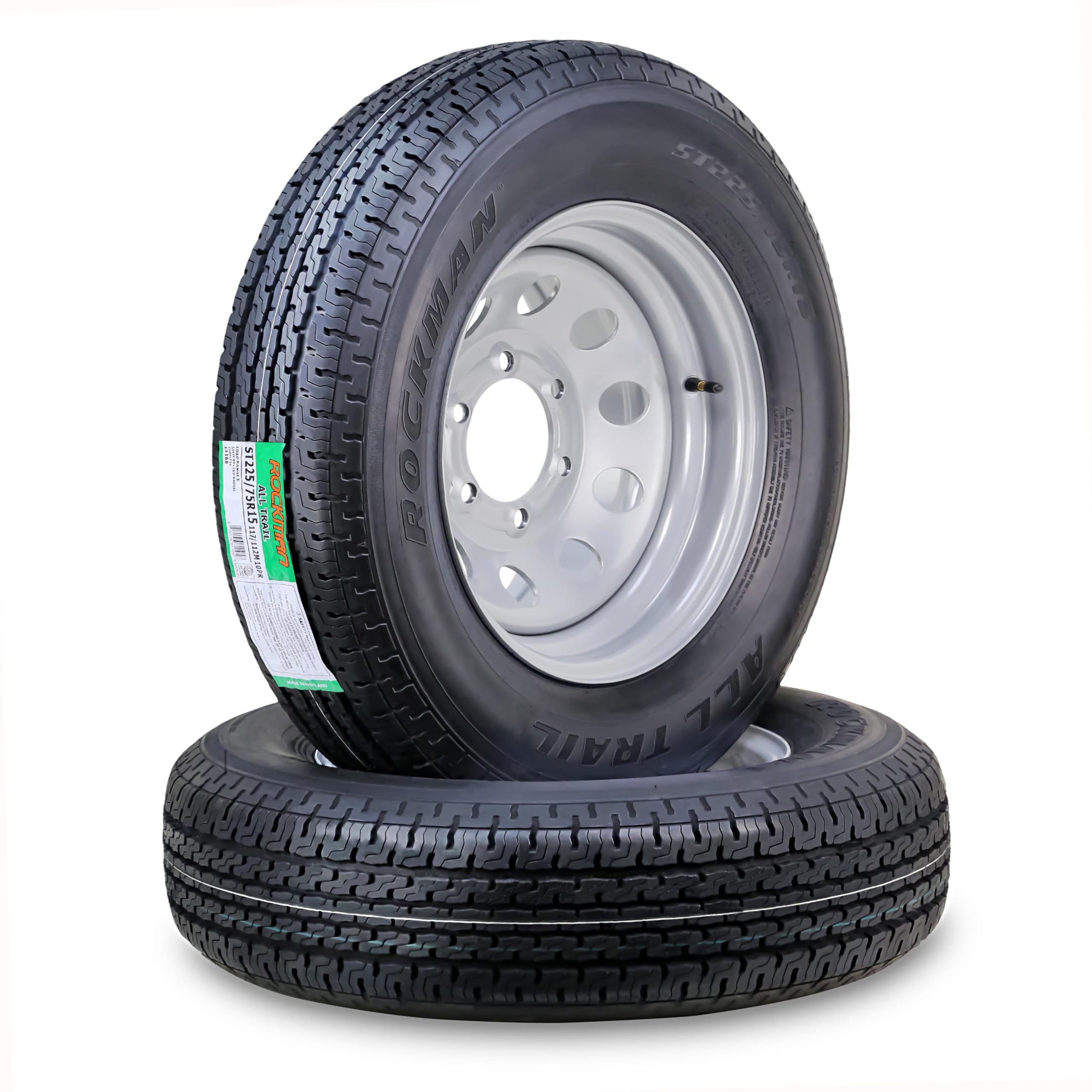 ROCKMAN Trailer Tire Wheel ST225/75R15 10PR E 117M 6X5.5 Silver Mod Rim,Pk2 | 6 