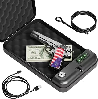 Grimtron Portable Electronic Car Gun Safe for Handgun with Security Cable | Small Gun Lock Box with Silent Mode & Emergency USB Power Supply, Single Pistol Safe for Travel, Vehicle, Truck, Nightstand