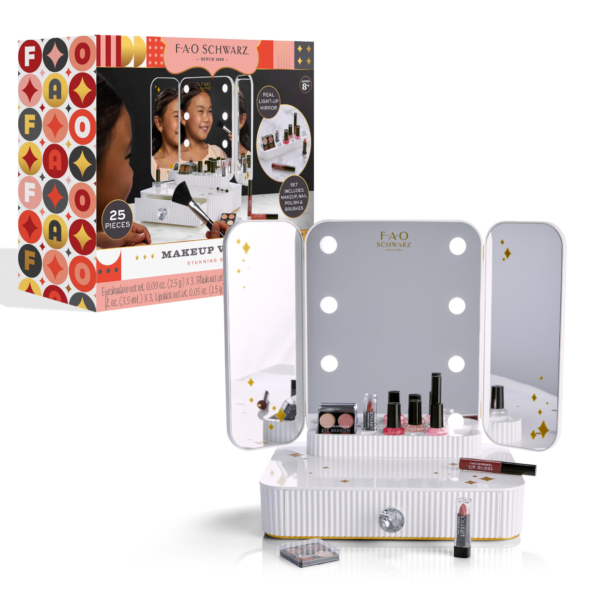 FAO Schwarz Girls Vanity Makeup Studio Low Profile 24pc with Diamond Pull