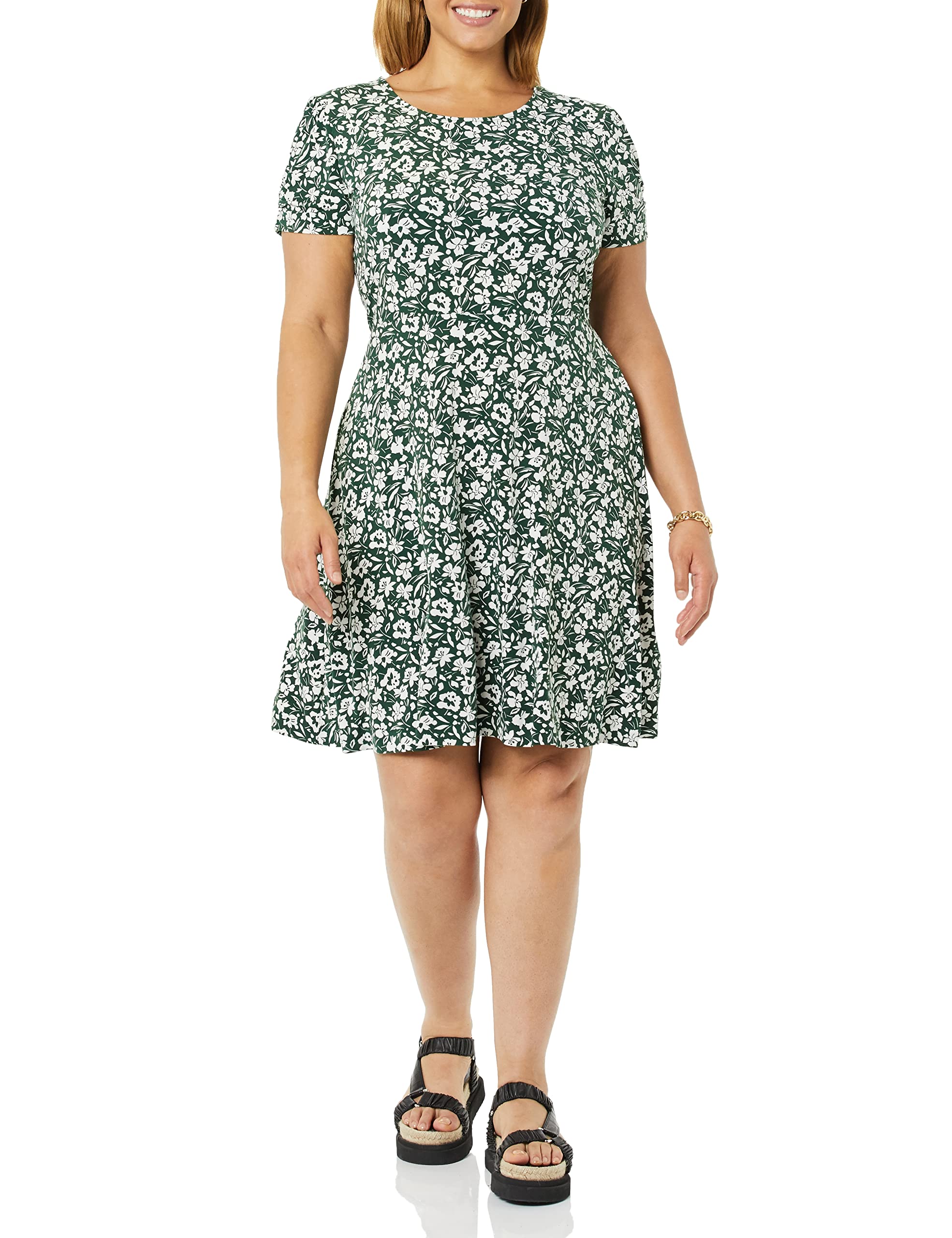 Amazon Essentials Women's Short Sleeve Round Neck Ruched A-Line Dress (Available