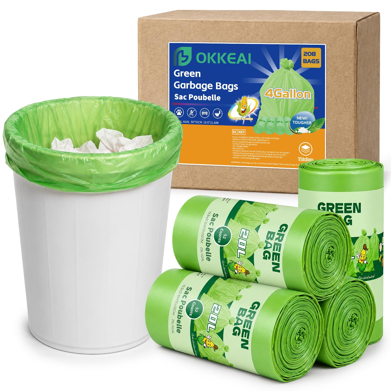 OKKEAI 4 Gallon Compost Food Waste Bags, Green Small Garbage Bags, 208 Bags