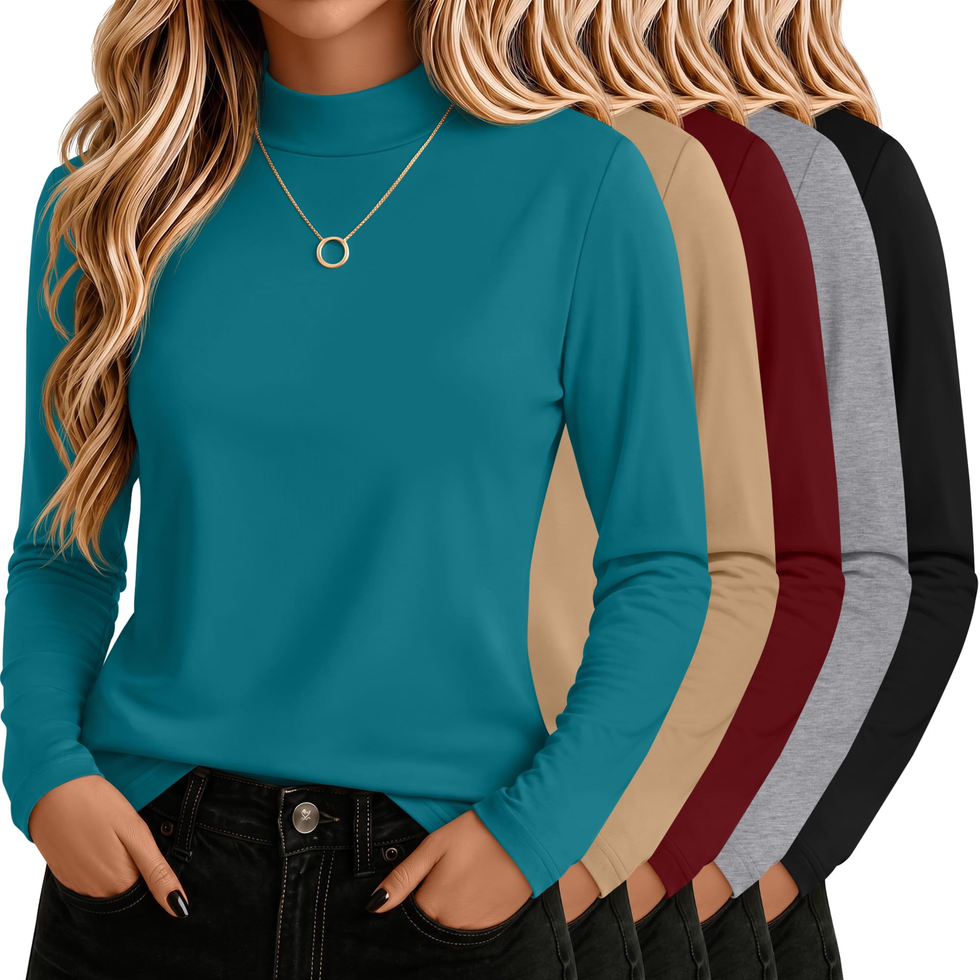 5 Pack Mock Turtleneck Cotton Shirts for Women