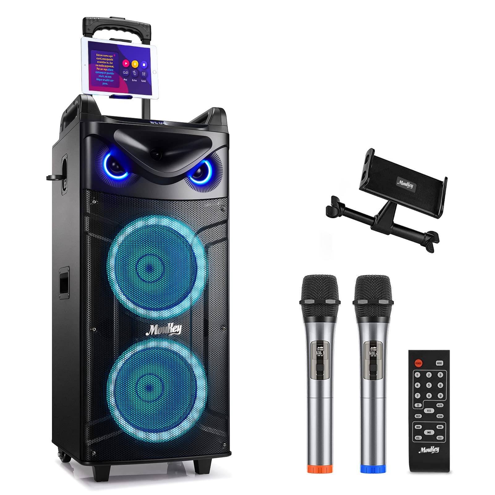 Moukey Karaoke Machine, Double Woofer PA System with 2 Wireless Microphones, Dis