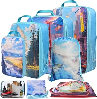 PFEYRPK Compression Packing Cubes for Suitcases, Compressible Expandable Travel Packing Organizer with Clear Toiletries and Backpack Bag, Travel Essentials Lightweight with US Landscape 7 set.