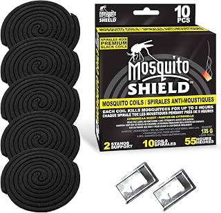 Mosquito Shield - 55-Hour Mosquito Coils with Citronella, 10 High-Performance Mosquito Repellent Coils for Camping & Patios, Made with Premium Black Carbon, Includes 2 Metal Stands