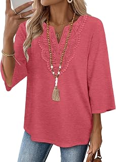 WIHOLL 3/4 Length Sleeve Womens Tops Boho V Neck Lace Shirt Trendy Blouses Dressy Casual Vacation Clothes S-3XL