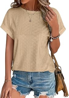 Bliwov Fashion Women Short Sleeve T Shirt with Curved Hem and Embroidery Eyelet Top for Summer Autumn