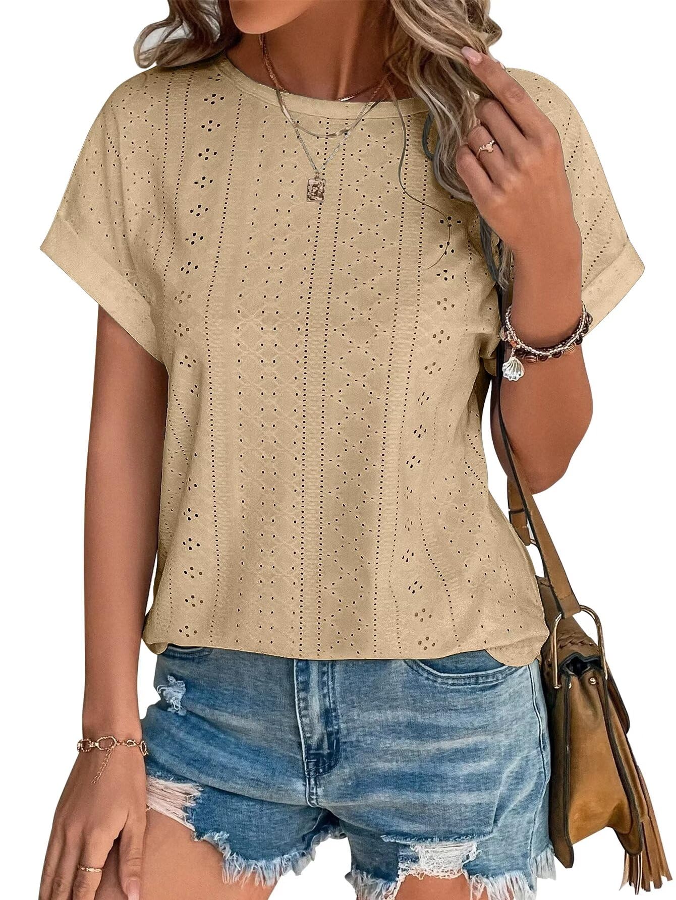 Bliwov Fashion Women Short Sleeve T Shirt with Curved Hem and Embroidery Eyelet 