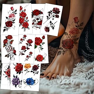 Rose Skull Temporary Tattoos for Women - 10 Sheets Vintage Flower & Hand Bone Designs, Waterproof Fake Tattoos Last 2-7 Days, Gothic Body Art for Music Festival, Party Favors