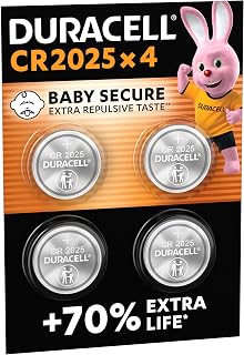 DURACELL 2025 Lithium Coin Batteries (4 Pack) 3V, CR2025 | Up to 70% Extra Life - Baby Secure Technology - For Use in Car Keys, Fitness Watches and 3D Glasses