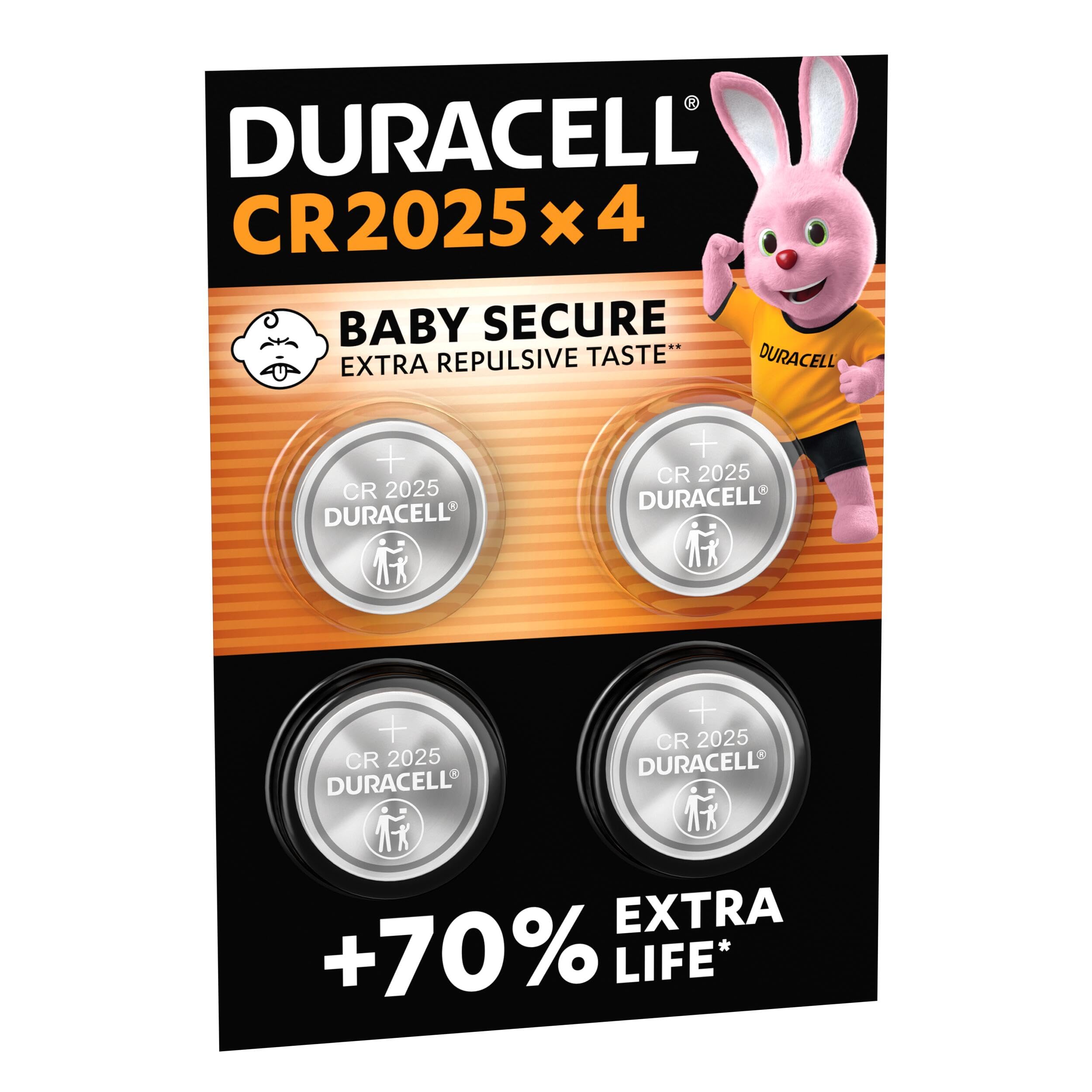 DURACELL 2025 Lithium Coin Batteries (4 Pack) 3V, CR2025 | Up to 70% Extra Life 