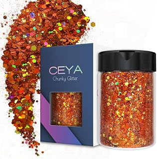 Ceya Holographic Chunky Glitter, 4.9oz/ 140g Orange Craft Fall Glitter Powder Mixed Chunky &amp; Fine Flakes Iridescent Sequins for Pumpkin,Nail Art, Hair, Epoxy Resin, Tumblers, Slime, Festival Decor