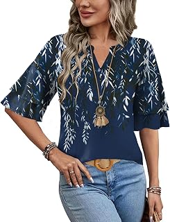 LOMON Blusas de manga corta con volantes para mujer, camisetas de moda con cuello en V, estilo casual, manga acampanada 3/4, ropa de primavera y verano