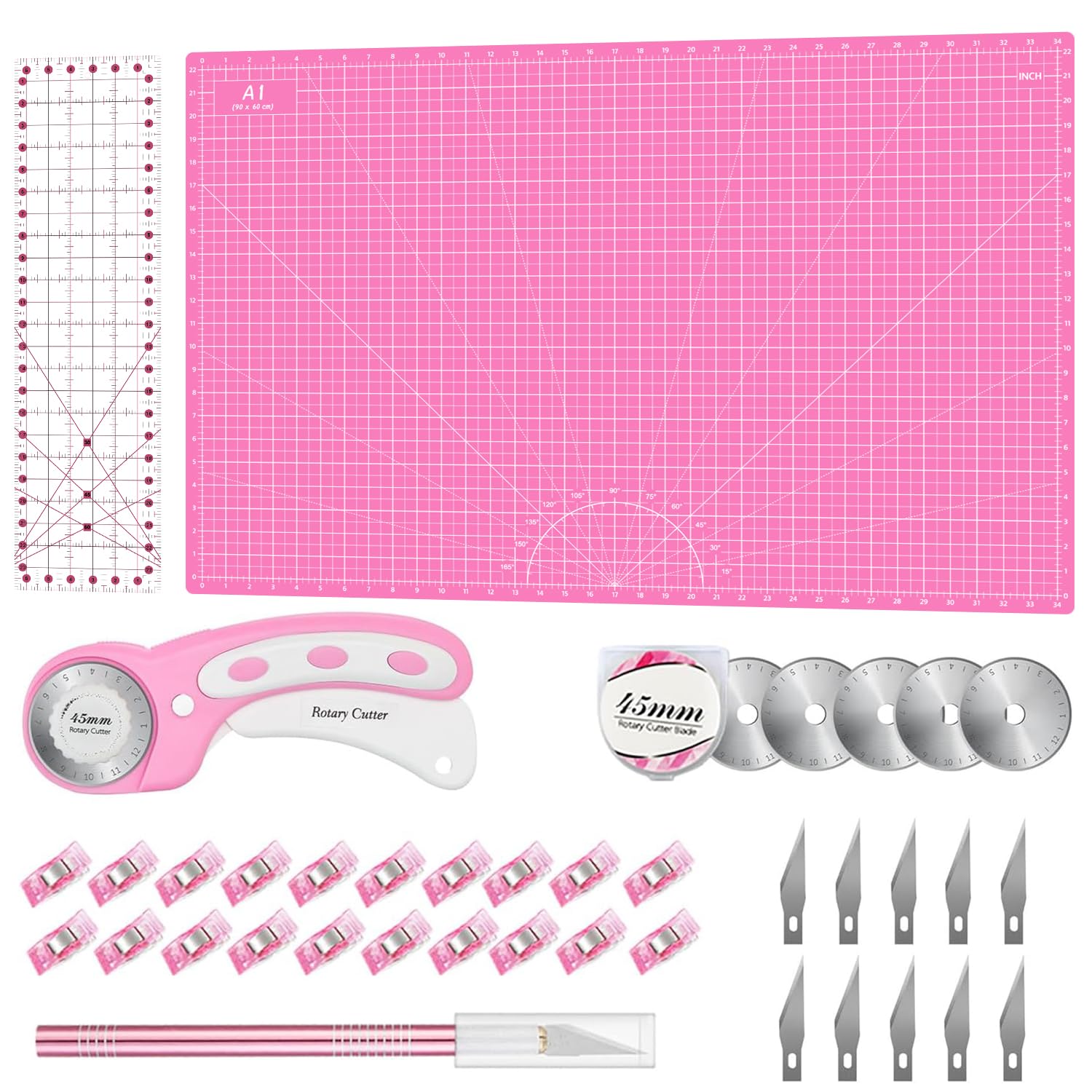 Rotary Cutter Set Pink- Quilting Kit incl. 45mm Fabric Cutter, 5 Replacement Bla