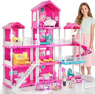 KIZONLY Pink Girl House Playset for Kids 3-8 Years Old - Girl Toy | 4 Storeys 10-Room and 2 Dolls, Furniture Accessories, Pretend Play Indoor Kids Toys Birthday Gifts for 3-5 6-8