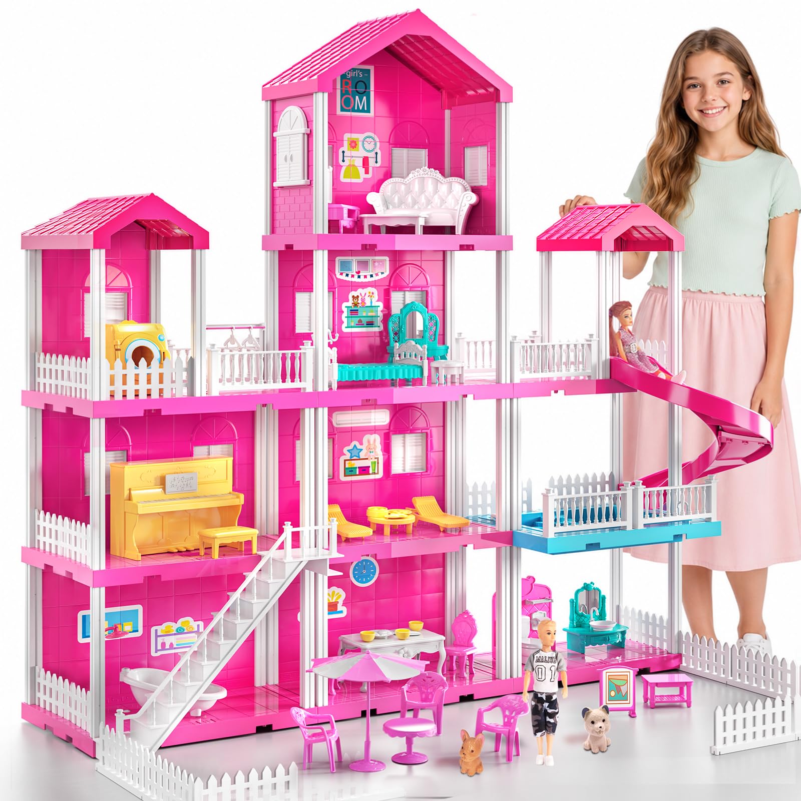 KIZONLY Pink Girl House Playset for Kids 3-8 Years Old - Girl Toy | 4 Storeys 10
