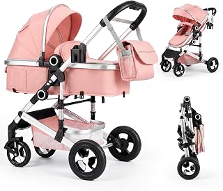 TODECARE 2-in-1 Foldable Stroller for Newborn w/Reversible Seat, Pink | Adjustable Canopy, Storage Basket, Cup Holder, Foot Cover, Net, Suspension Wheels, Baby Infant Pram Carriage for 0-36 Months