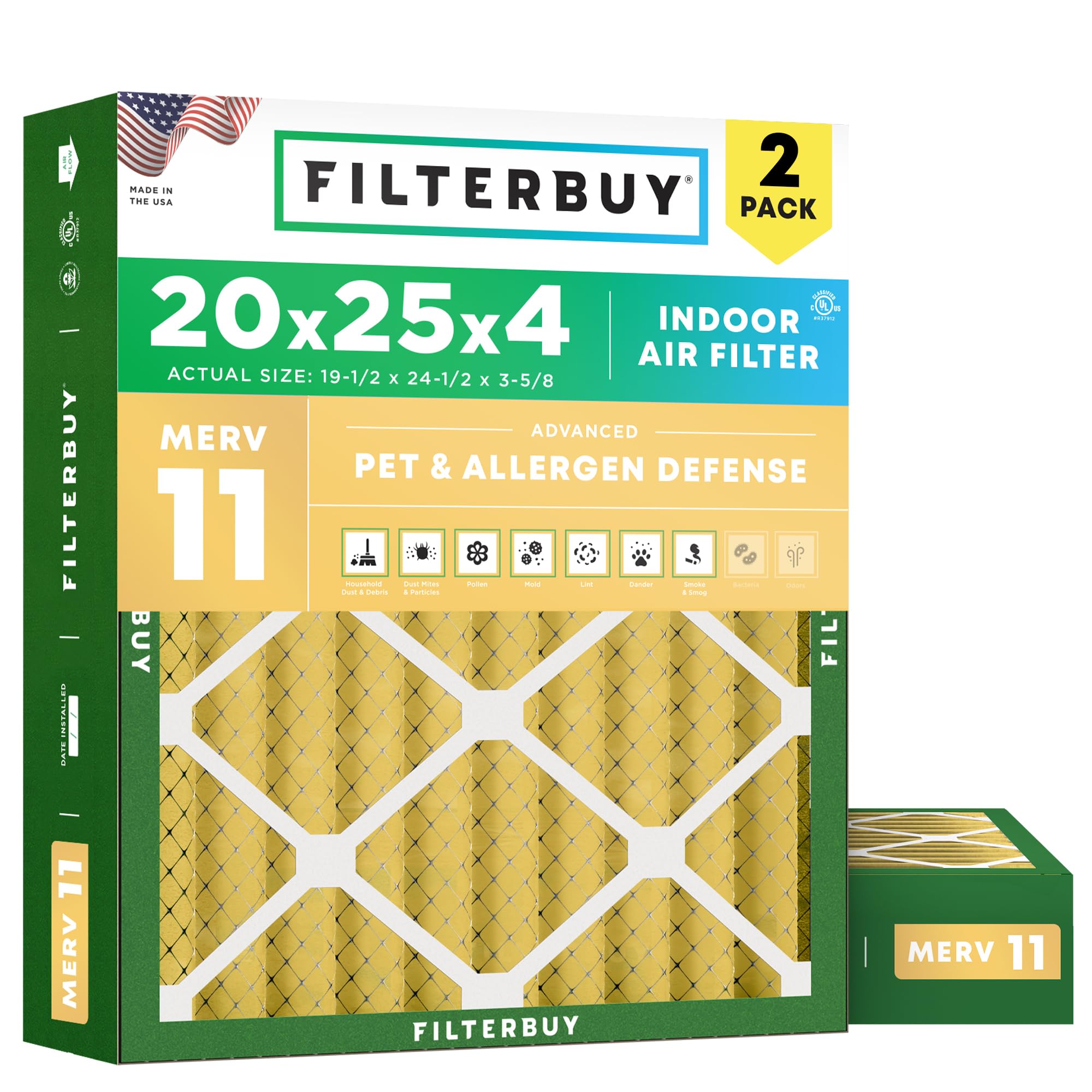 Filterbuy 20x25x4 Air Filter MERV 11 Pet & Allergy Defense (2-Pack) | Electrosta