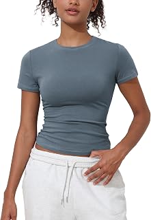 kayamiya Camisetas básicas de algodón de manga corta para mujer, ajustadas, cuello redondo, para verano, a la moda, Y2K, camiseta corta
