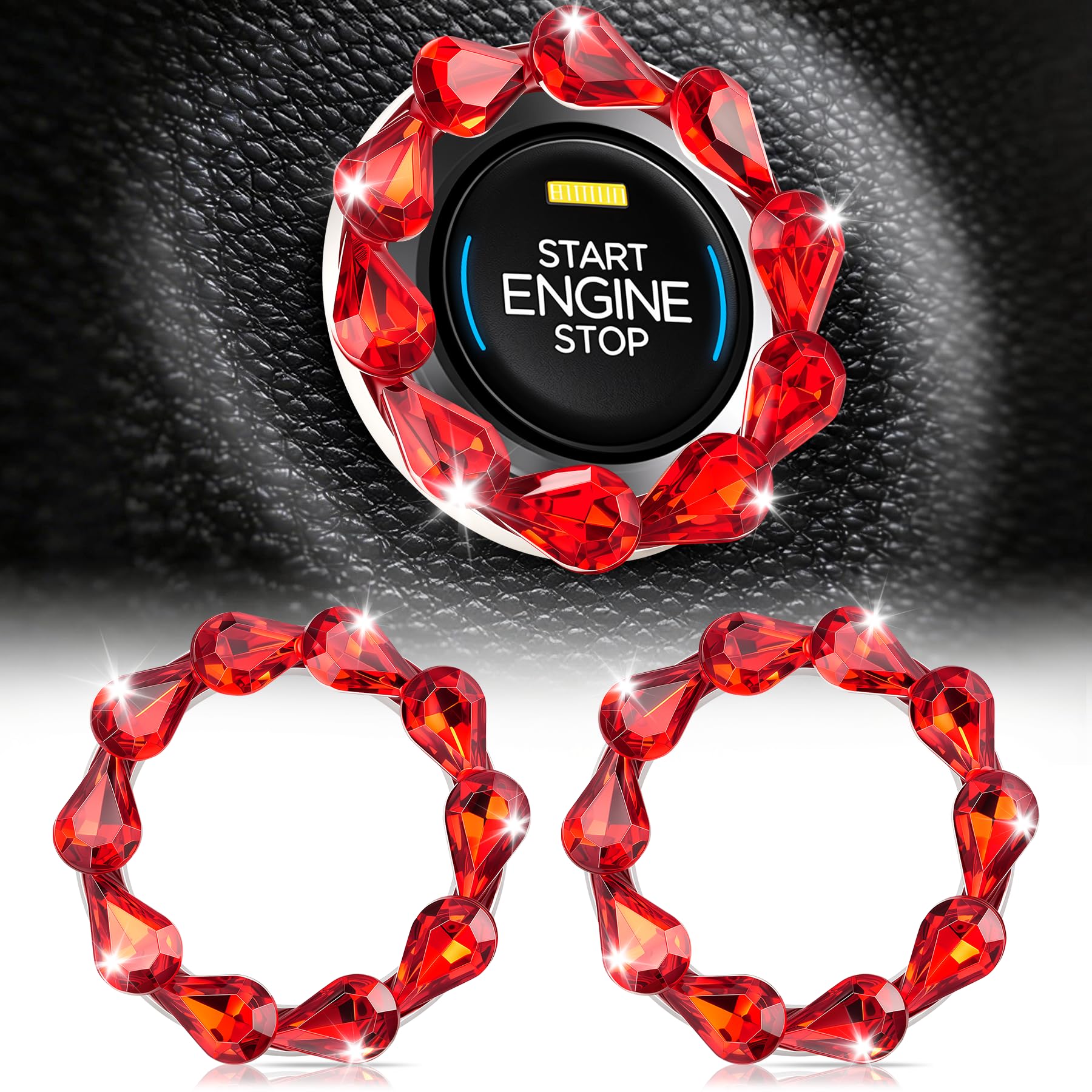 2 PCS Crystal Double Rhinestone Car Engine Start Stop Decoration Ring Red | Blin