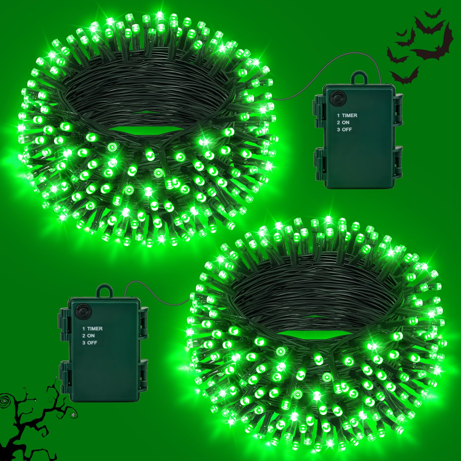 Halloween Lights Outdoor 2Pack Total 12M 120LED Green Battery Fairy Lights | 19.