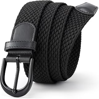 Braided Elastic Belt with Oval Needle - Black - Full Leather Buckle with Ends for Men / Women / Teenagers (7 Sizes / 12 Colours)