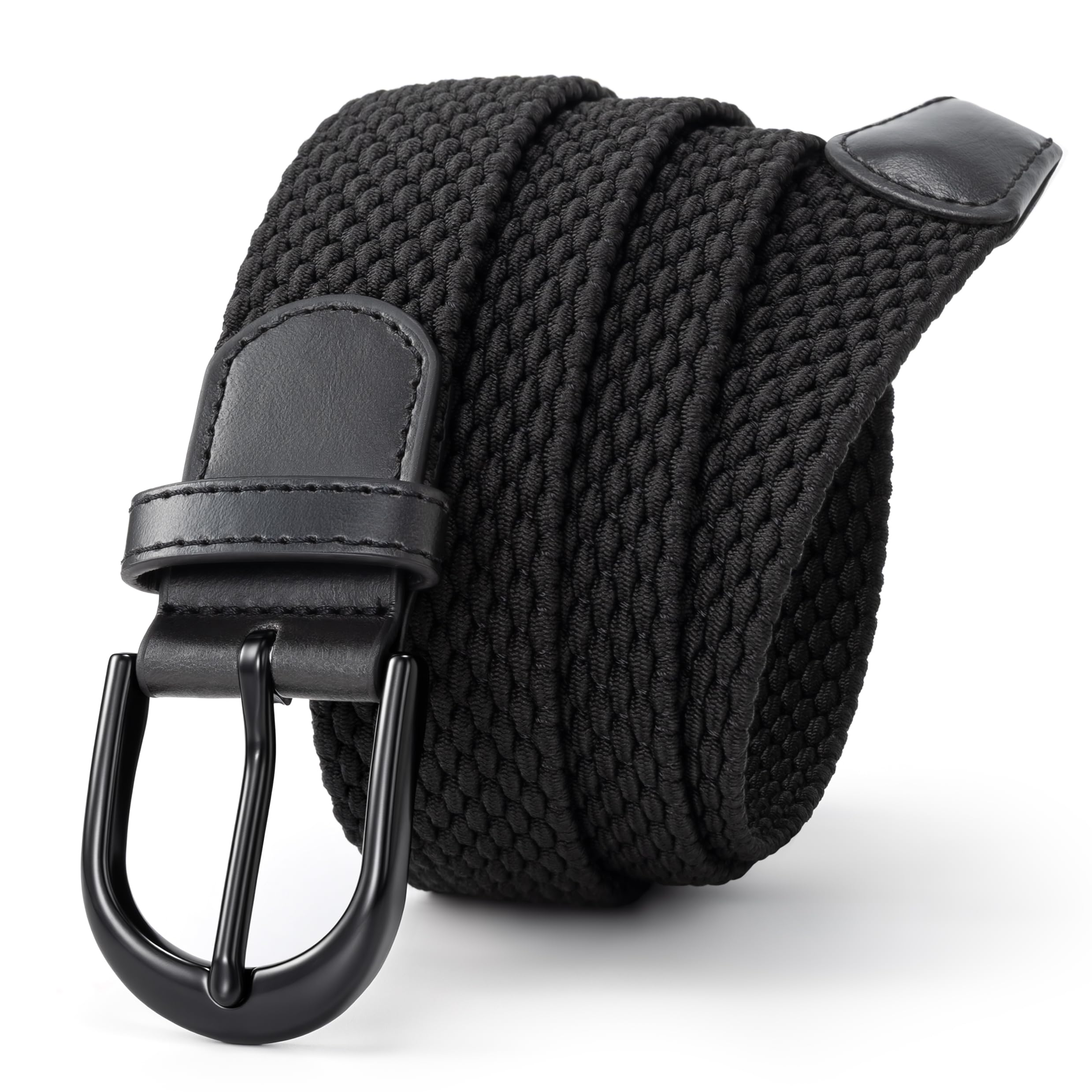 Braided Elastic Belt with Oval Needle - Black - Full Leather Buckle with Ends fo