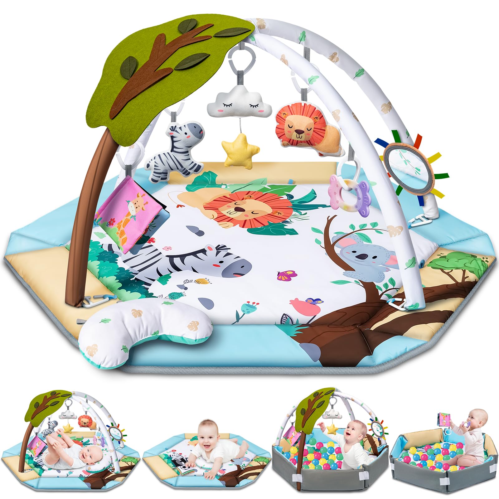 Baby Gym Play Mat, 8-in-1 Tummy Time Mat & Ball Pit with 6 Toys, Washable Baby A