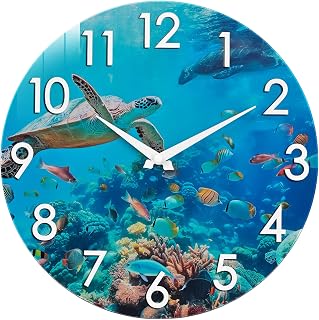 Crosstime 14 Inch Outdoor Clock – Waterproof Tempered Glass with Sea Turtle & Marine Life Theme, UV Resistant, Silent Nautical Coastal Decor Wall Clock for Patio, Pool, Garden, Backyard, Bathroom