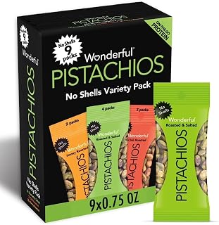 Wonderful Pistachios No Shells, 3 Flavors Mixed Variety Pack of 9 (0.75 Ounce), Roasted & Salted Nuts (4), Chili (3), Honey (2), Protein Snacks, Gluten Free, Healthy Snacks Variety Pack for Adults, Stocking Stuffers for Adults