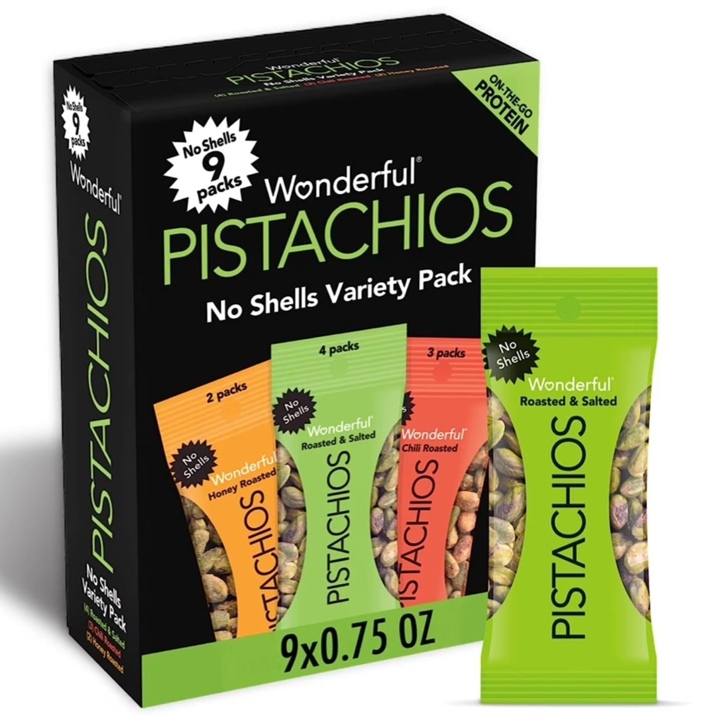 Wonderful Pistachios No Shells, 3 Flavors Mixed Variety Pack of 9 (0.75 Ounce), 