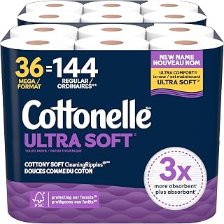 Cottonelle Toilet Paper, 36 Mega Rolls = 144 Regular Rolls (2 Packs of 18), Ultra Soft (Formerly Ultra Comfort), Soft Bathroom Tissue, 244 Sheets per Roll, Packaging May Vary