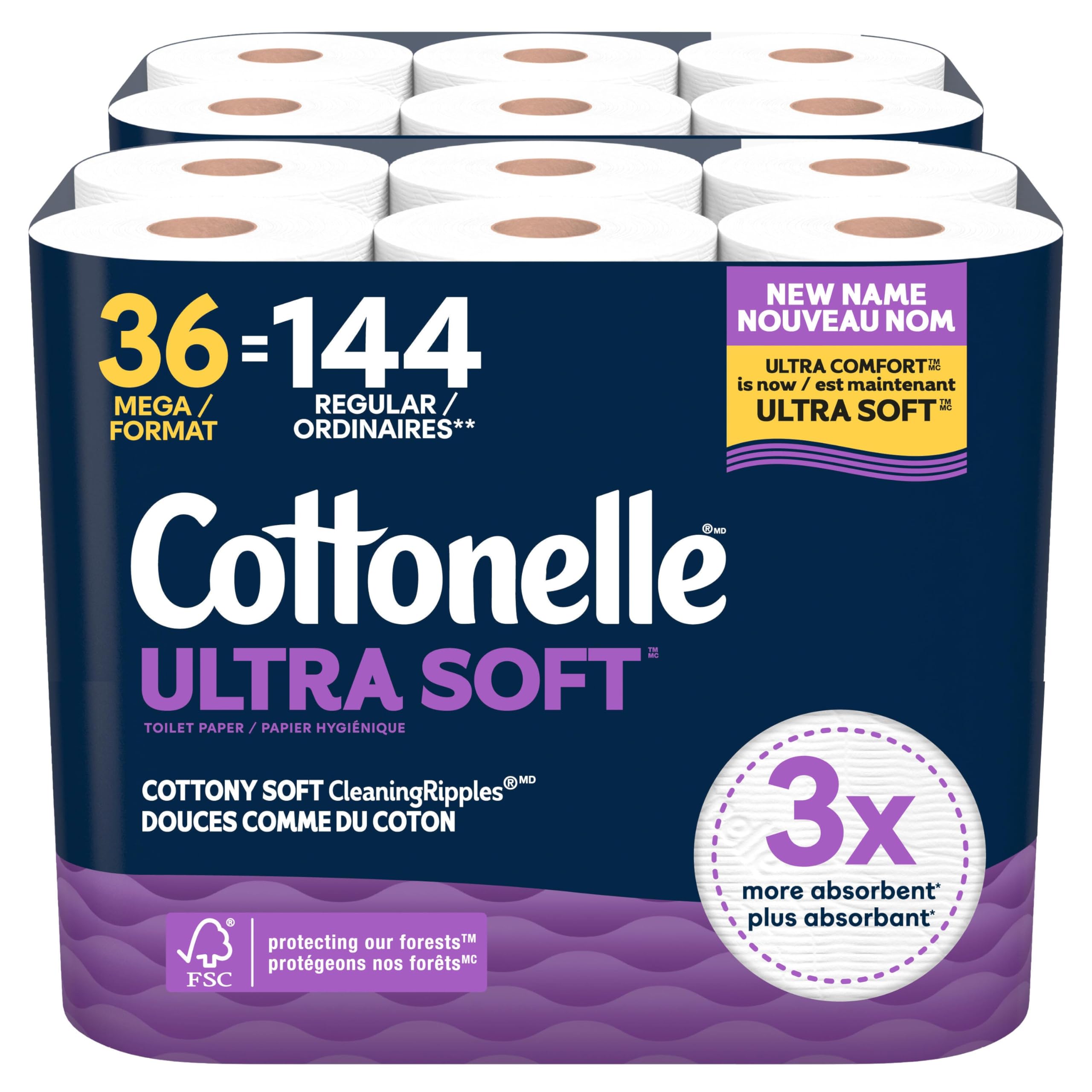 Cottonelle Toilet Paper, 36 Mega Rolls = 144 Regular Rolls (2 Packs of 18), Ultr