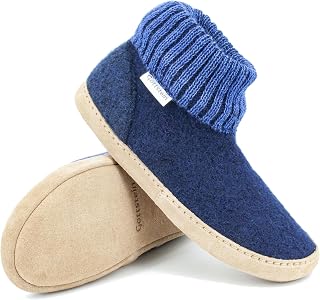 Gottstein Dakota Mulesing-Free Sheep New Wool Slipper - Handmade Wool Felt Slippers for Men and Women Size EU 36-47 - With High Knitted Waistband & Padded Leather Sole