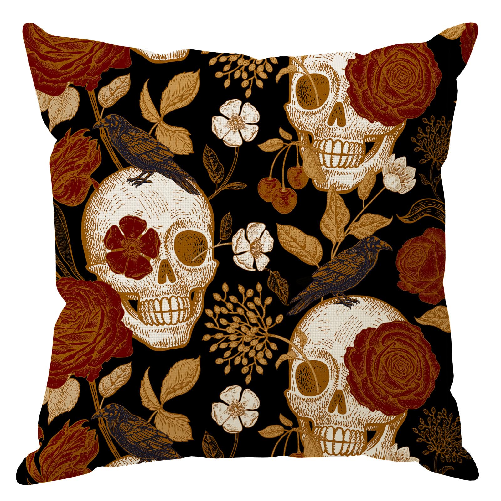 Skeleton Crow Flower Halloween Throw Pillow Covers Home Decor 18x18In