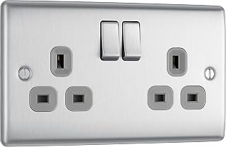 BG Electrical Double Switched Power Plug Wall Socket, Nexus Metal, Brushed Steel, Grey Inserts, 13A, NBS22G